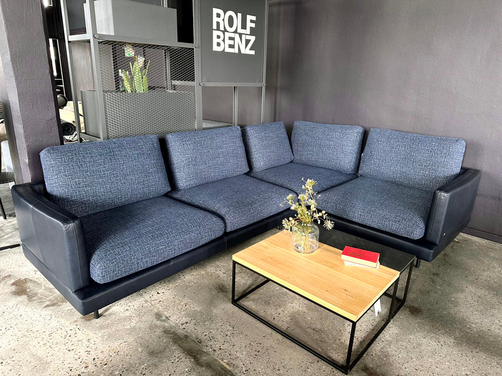 Rolf Benz - Ecksofa - RB 60 SINA - Stoff-Leder Kombi schwarzblau - sofort Verfügbar